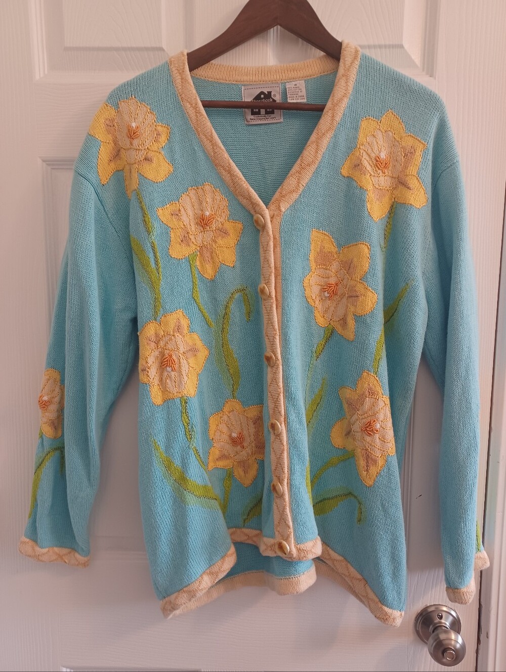 Storybook Knits Turquiose Blue Cardigan Yellow Daffodil Floral Embroidery XL VTG